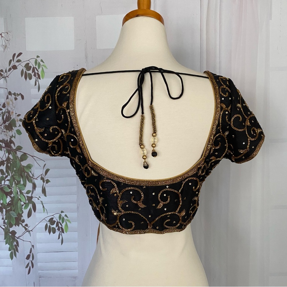 New Saree Blouse Black Gold Choli Medium 38 Beaded Swirl Top Indian Bollywood